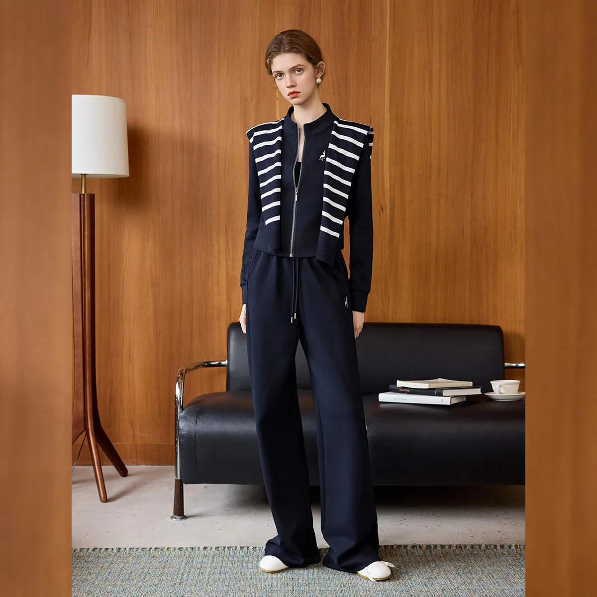 LOUIS YAO  Stripe Shawl Style Knit Women's Matching Sets2026 Autumn Two Piece Set Embroidered Top Jacket+Straight Leg Long Pants