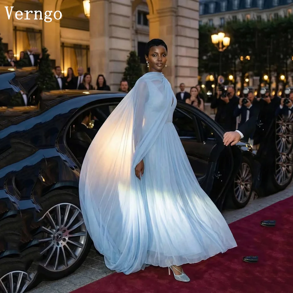 

Verngo Sky Blue Chiffon Evening Dress V Neck A Line Formal Occasion Dress Shawl Pleated Arabia Prom Gown Customized