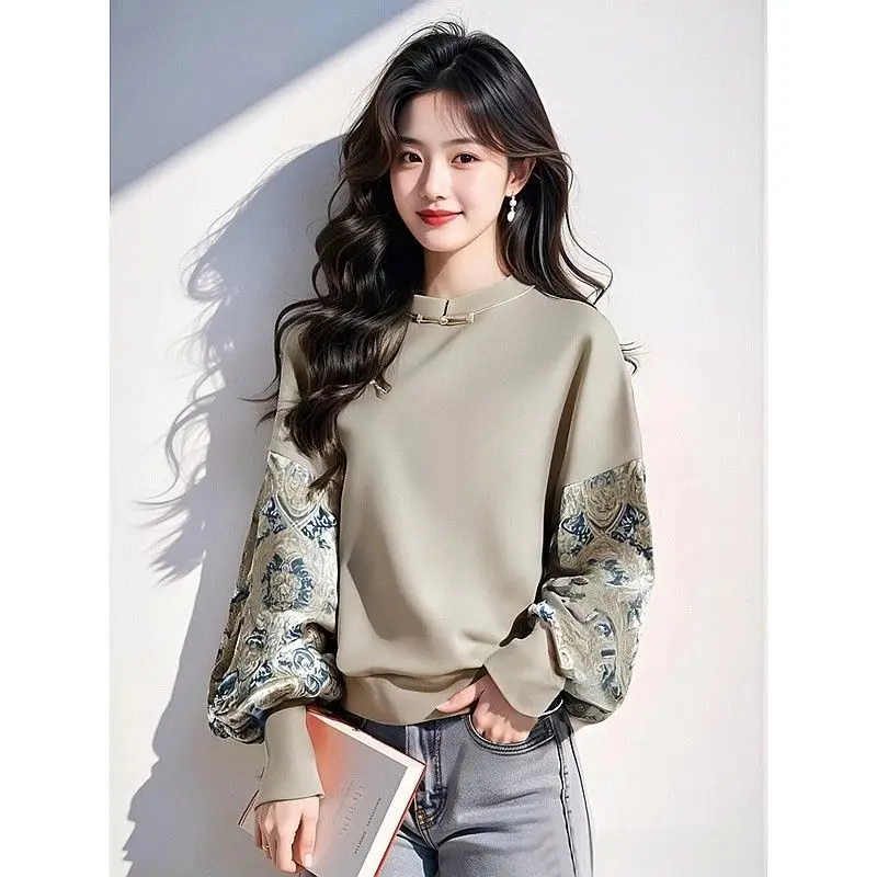 

Women's Spring Autumn Tops Sweatshirts T-shirts New Chinese Style Printed Buttoned Collars Patchwork Long Sleeves New Elegant