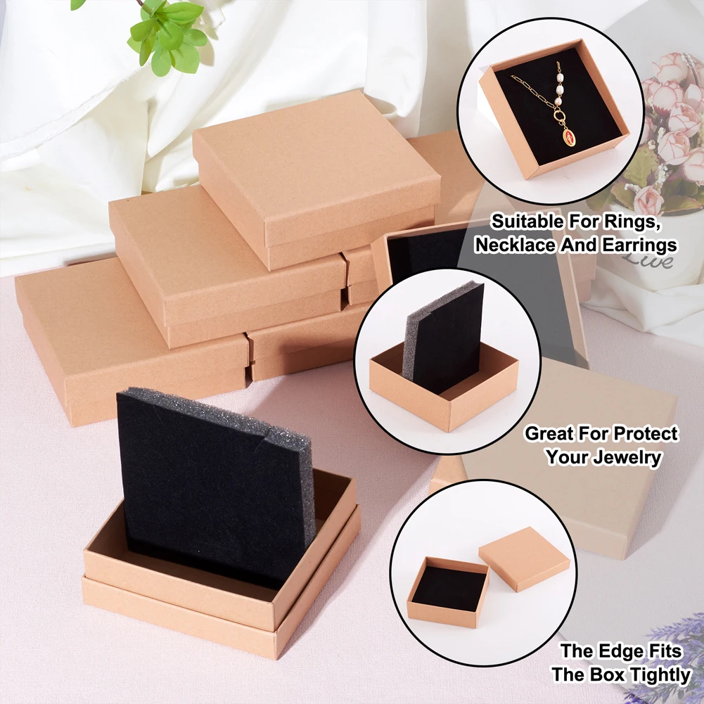 8Pcs Square Kraft Paper Boxes Necklace Gift Box with Black Sponge Jewelry Organizer Storage Packaging Container 11.2x11.2x3.8cm