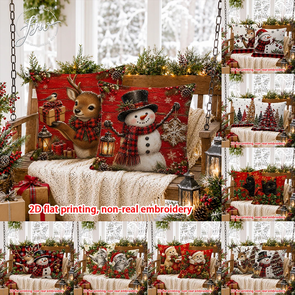 2D FLAT-2PCS Christmas Cute Animal Throw Pillow Covers Sofa bedroom porch New Year decoration only pillowcase