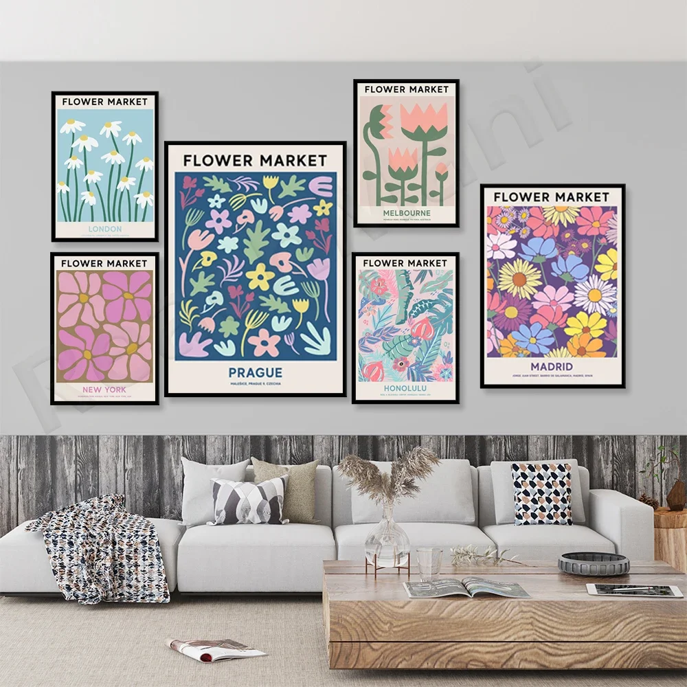 Aesthetic flower market posters in New York, Tokyo, Prague, London, Madrid, Paris and Honolulu, Stockholm, Sydney and Athens