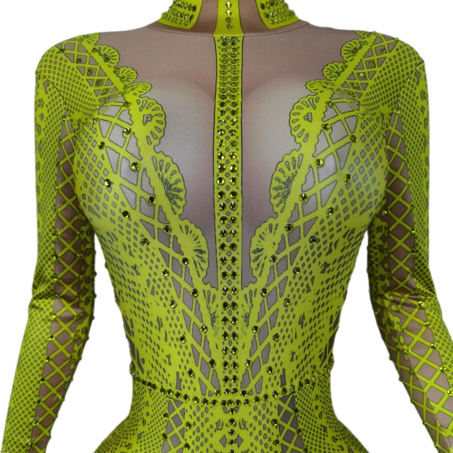 Woman Rhinestones Pattern Printing Tights Yellow Jumpsuit Turtleneck Long Sleeve Leotard Party Evening Costume Stage Wear Lianti