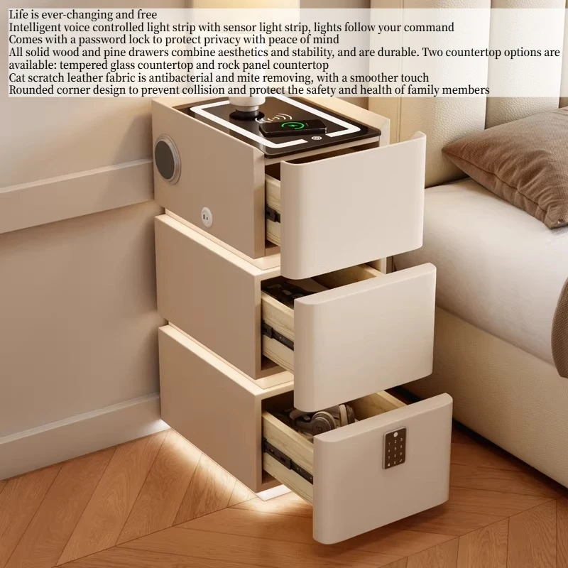 Bedroom Cream Wind Bedside Table Three Layer Cabinet USB Nightstand Bluetooth Speaker Password Lock Interior Home Furniture
