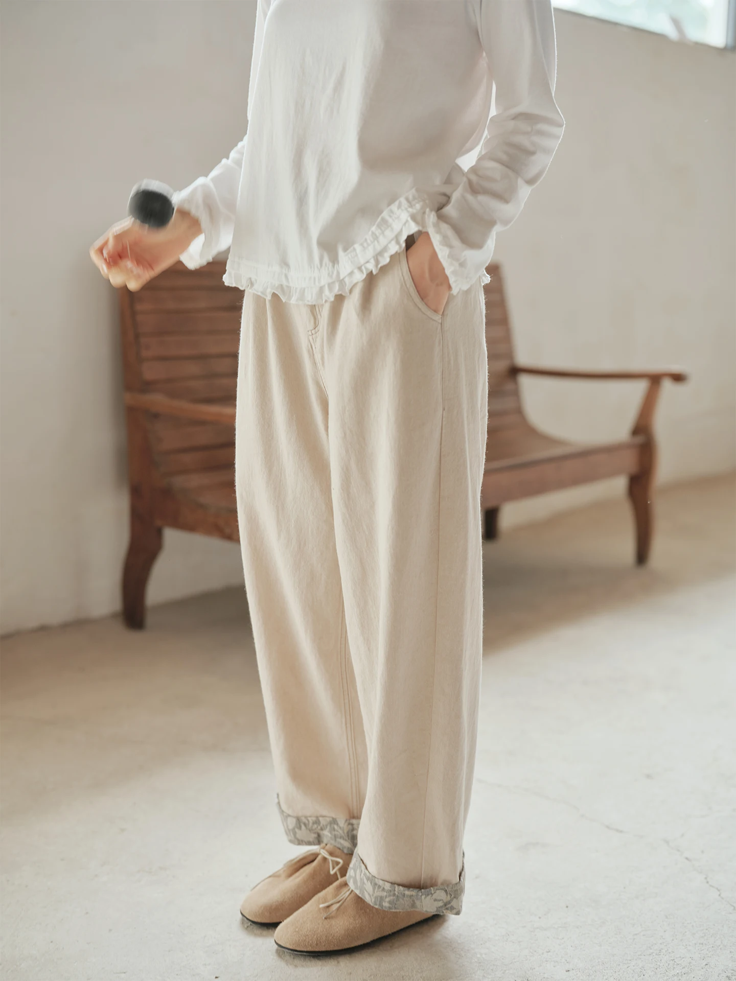 

Cotton Linen Blend Embroidered Color Blo Wide Leg Pants Straight Cut Hide Belly Enhance Legs l Waist Artistic Sle