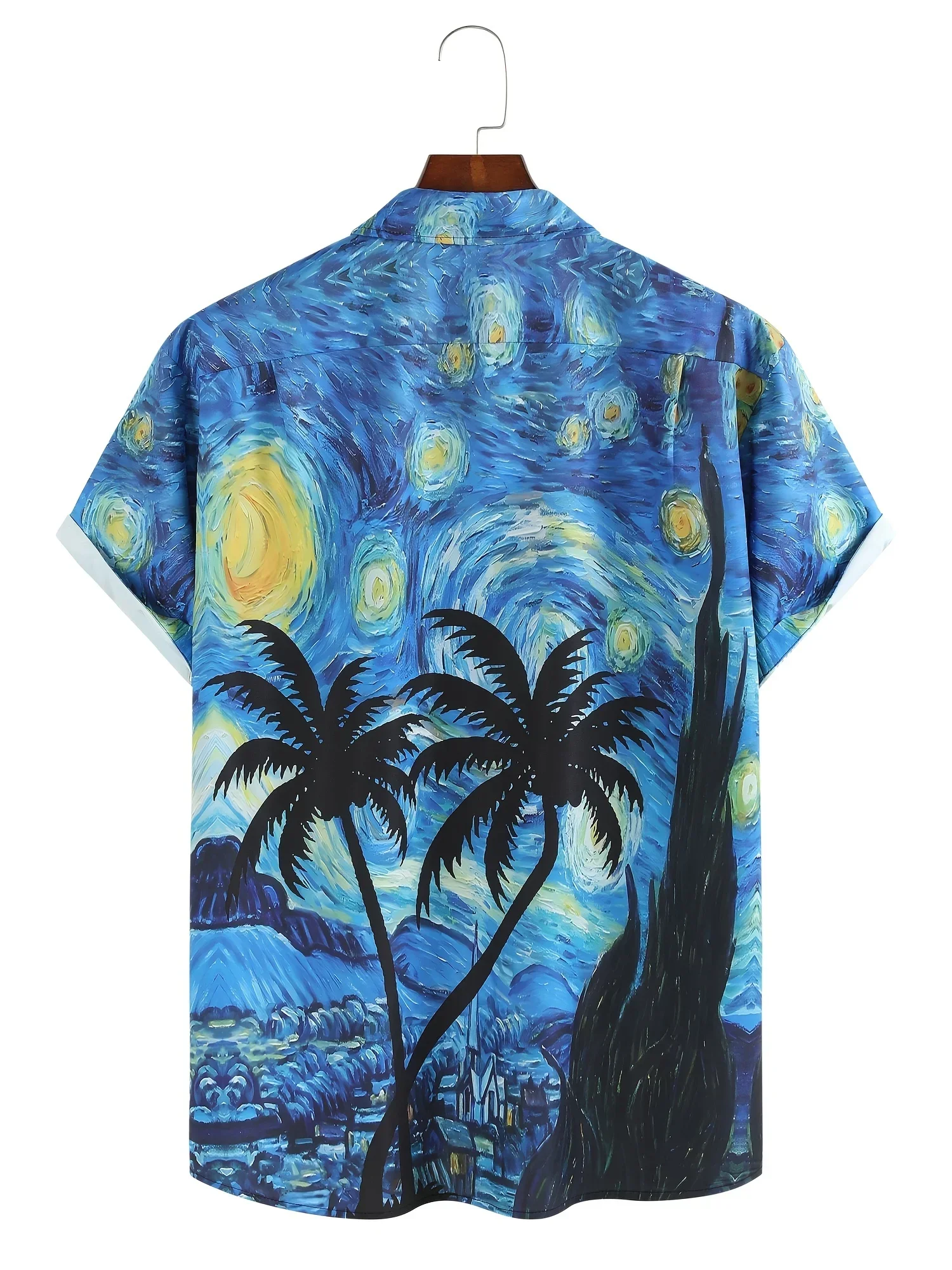 Men's Starry Night Print Lapel Button Up Casual Short Sleeve Shirts Men Clothes For Summer Hawaiian Shirt Men Clothing