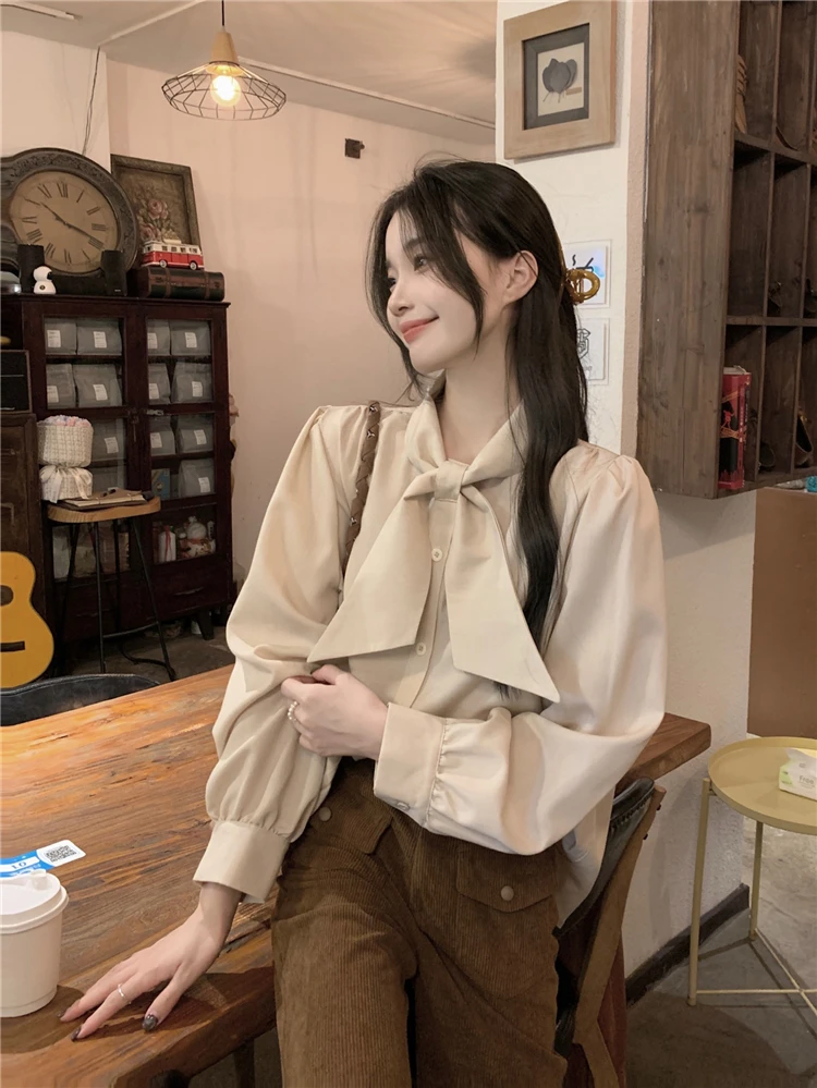 2024 Spring Office Lady Shirts Long Lantern Sleeve Bow Collar Sweet Female Blouses Fashion Women's Basic Shirt Button Fly Blouse