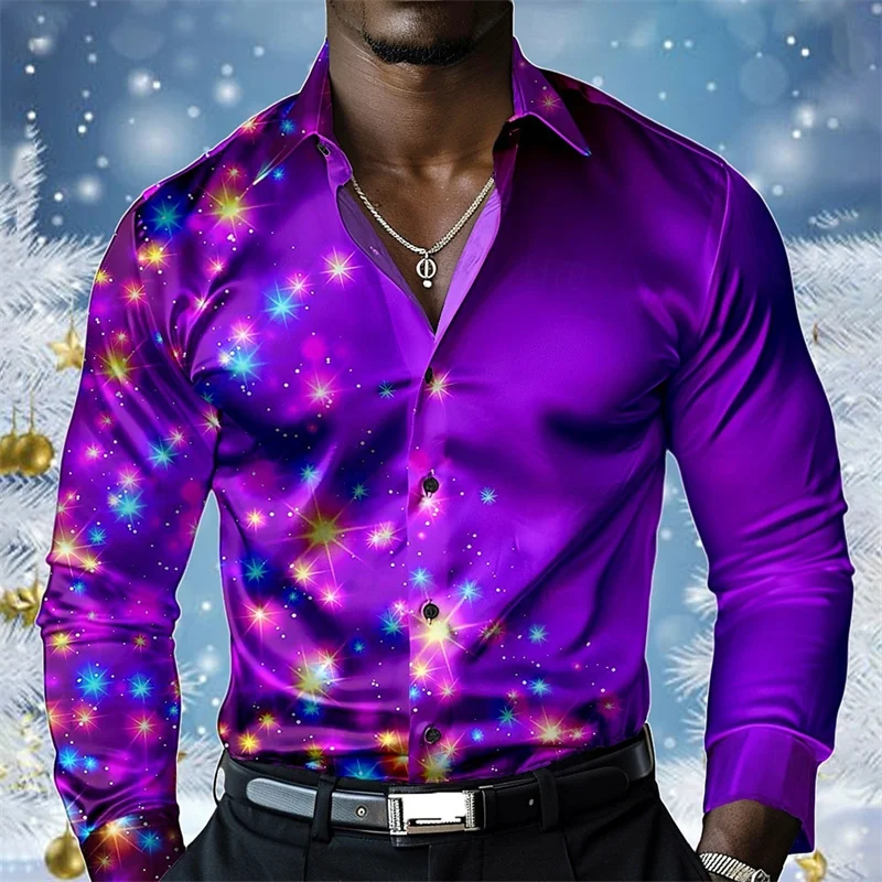 2025 Camisa navideña con estampado de escena navideña para hombre, camisa informal de moda con copos de nieve y botones de solapa, camisa de manga