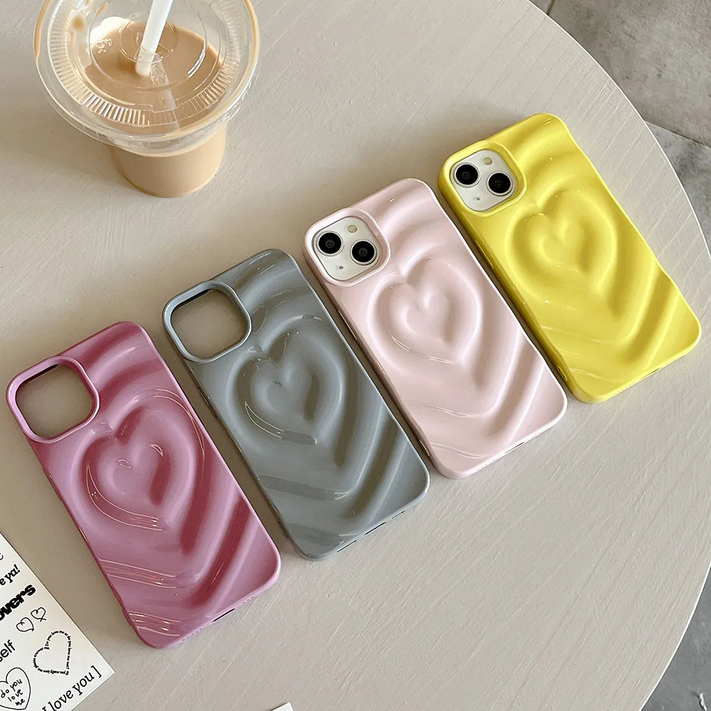 Folds 3D Love Heart Pattern Phone Case For iPhone 15 14 13 12 Pro Max 11 12promax 13pro Luxury Glossy Soft Shockproof Back Cover