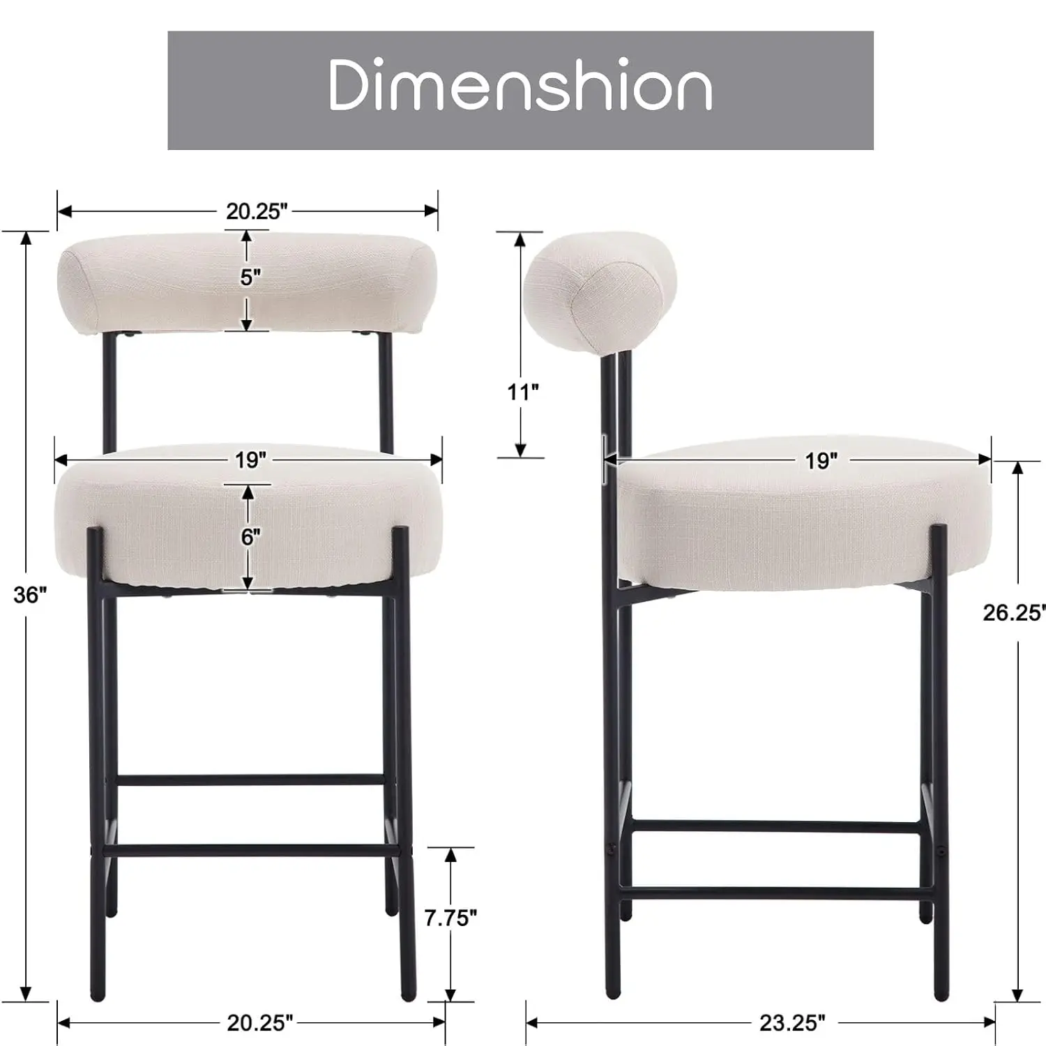 Beige Bar Stools 2 Linen Upholstered Counter Stools Barrel Back 26 Inch Fabric Kitchen Island Chairs Metal Legs, Customized