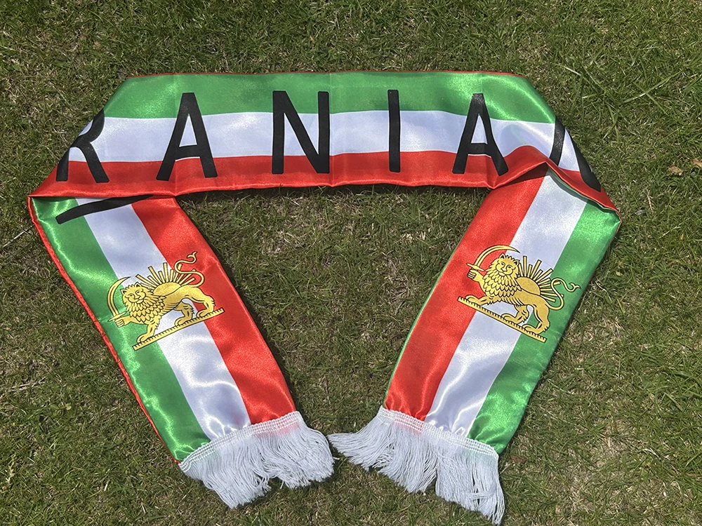 Iran Flag Historic Lion Crown Scarf 14x135cm Double Printed Satin Iran Flag Scarf Tassels Suitable for Football, Sports, Events