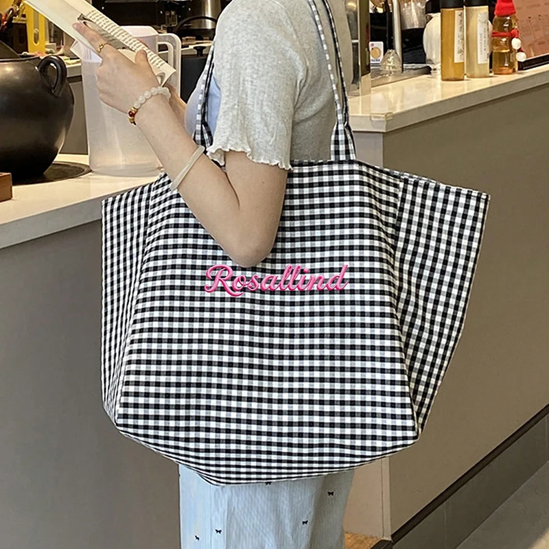 (Custom Embroidery) Women's Tote Bag, Personalized Embroidered Simple Plaid Canvas Bag, Original Niche Versatile Large-Capacity Tote Bag for Commuting, Student Shoulder Bag for Class image 3