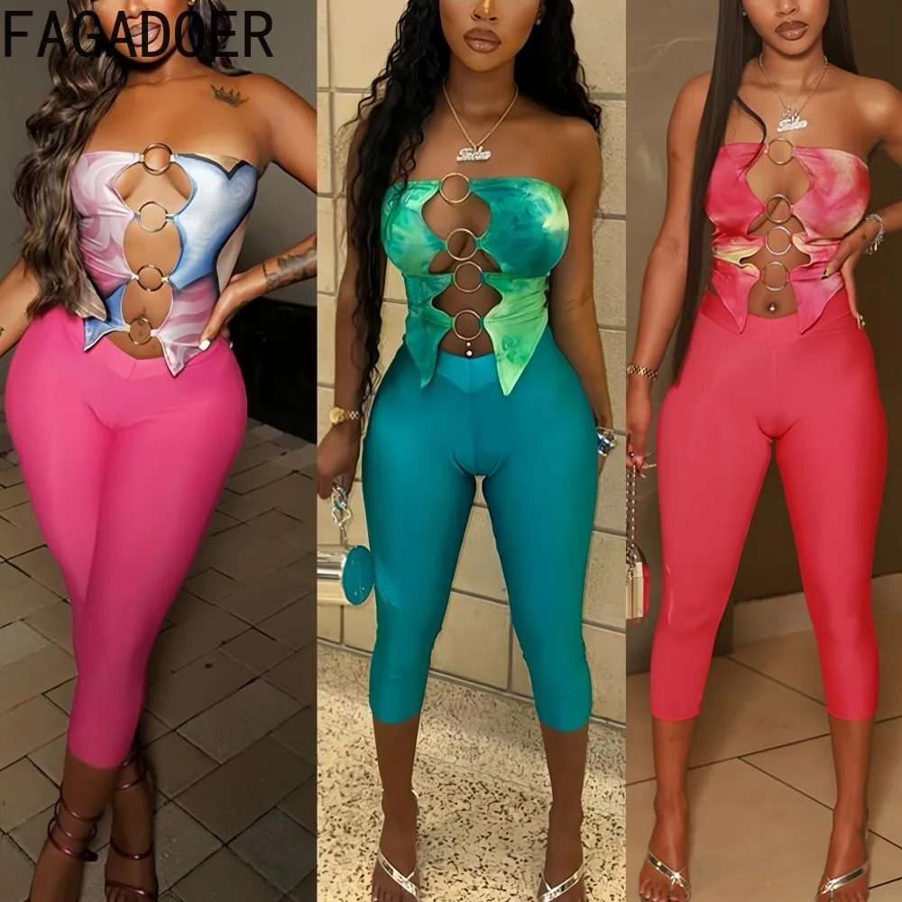 

FAGADOER Summer Sexy Tie-dye Print 2 Pieces Set for Woman Hollow Out Sleeveless Backless Top + Pants Midnight Hipster Outfits