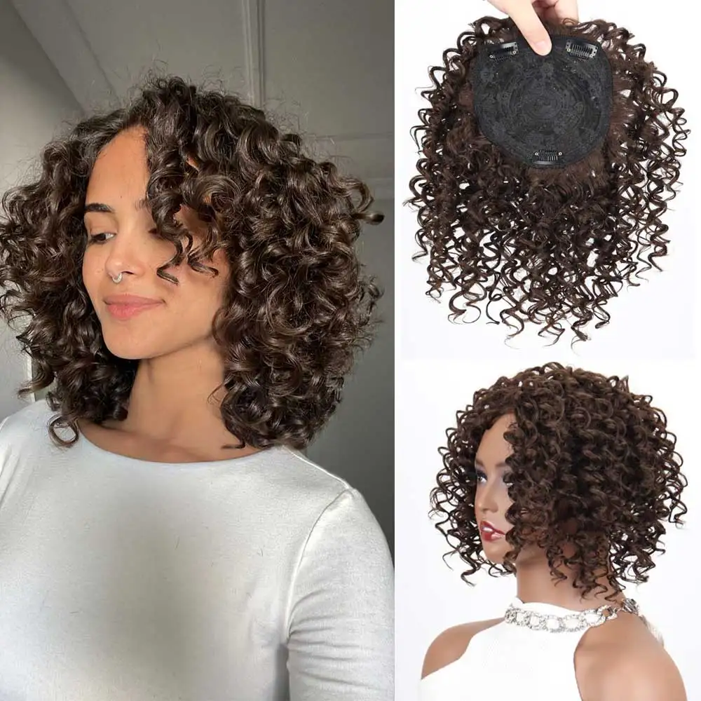 Synthetic Curly Short Afro Wig piece Female Mix Brown Hair Wigs hair toppers for Women African American Wig for Ladies Bob Curls