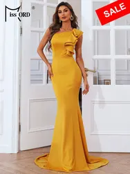 Missord Elegant Yellow Long Evening Dress Women One Shoulder Ruffle Trim Bodycon Maxi Mermaid Party Prom Dresses Formal Gown