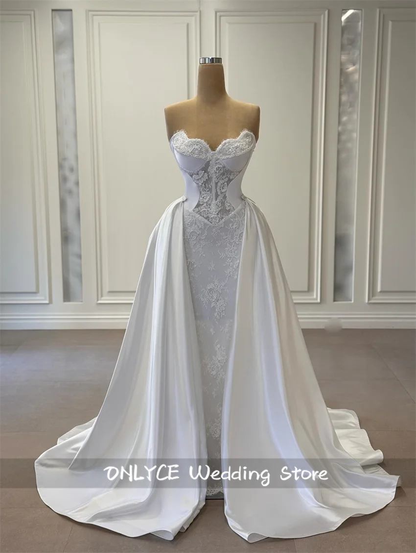 

Customize Luxury Full Lace Appliques Wedding Dresses Robe De Mariée Pearls Beading Bridal Gowns Detachable Train Customized