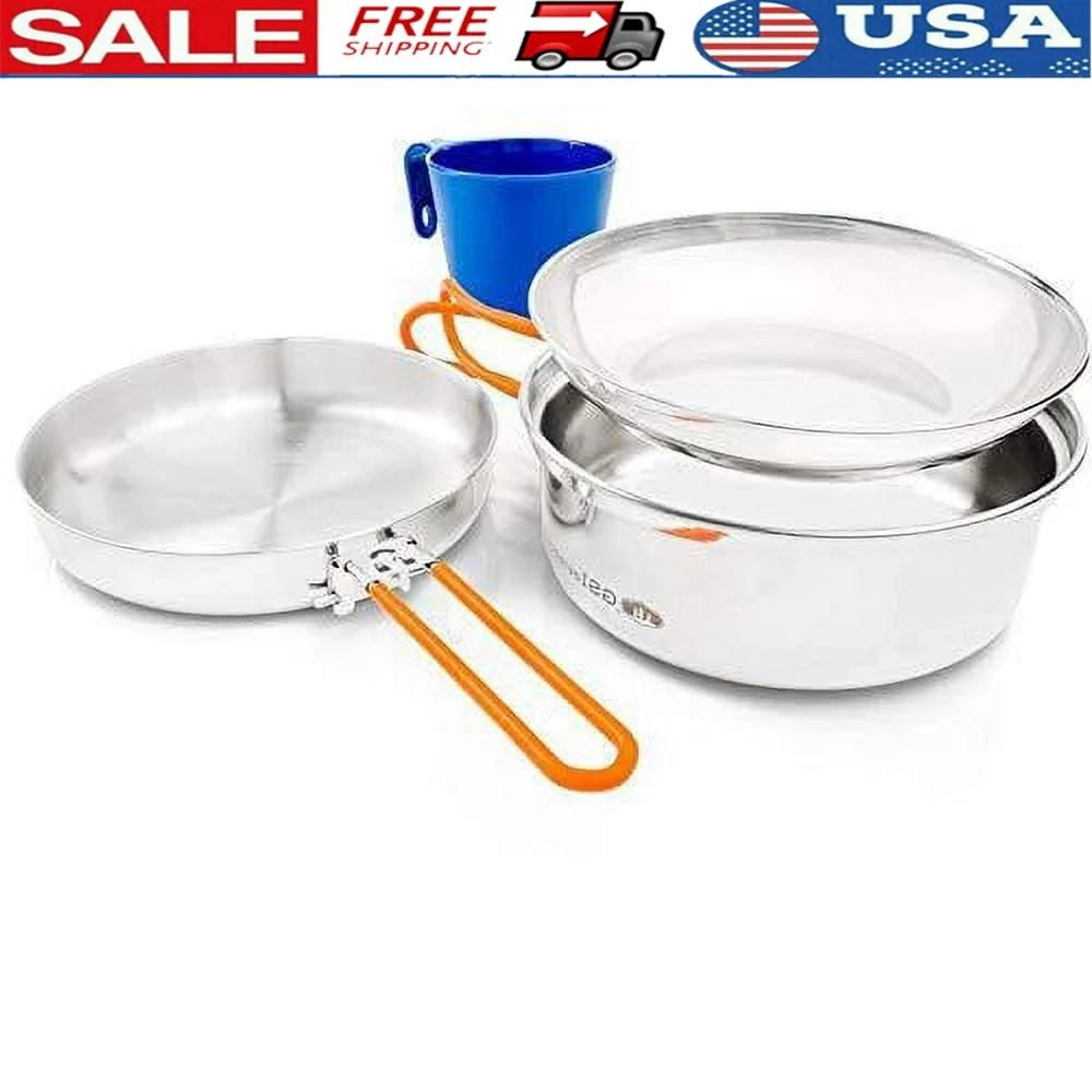 

Stainless Steel Camping Mess Kit One Person Includes Frypan Pot Bowl Cup Stuff Sack Compact Durable Outdoor Cooking Set