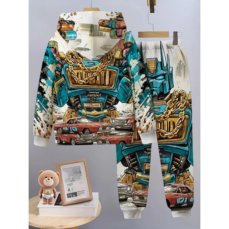 2025 Robot and Automotive 3D Pattern Printing Trend 2-piece Comfortable Long Sleeve Hoodie and Casual Sports Pants