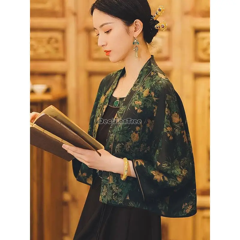 

2023 improved national style chinese song dynasty jacket trumpet half sleeve flower printed short style women hanfu top g923