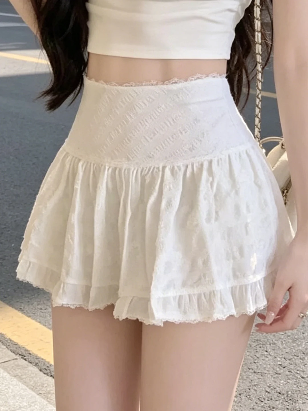 White Lace Ballet Style Half Skirt Women's  A-Line Puffy Short Summer Spring High Waist Skirts Female Teenage Pure Color