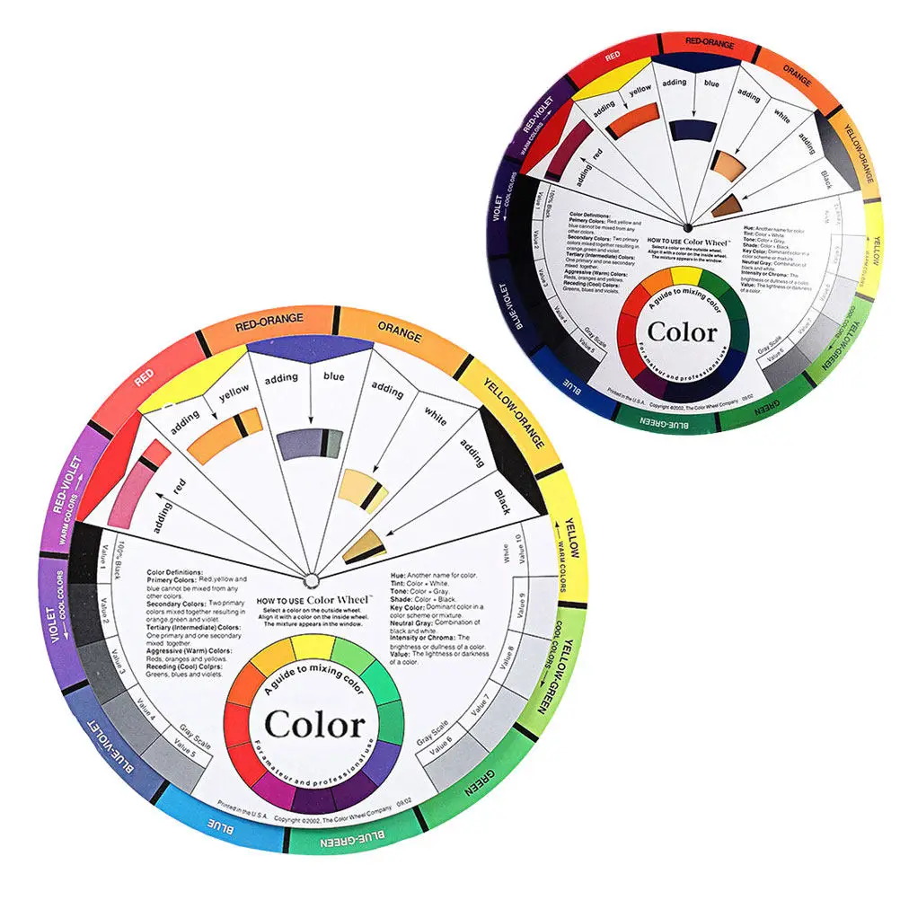 2Pcs Two-Sided Color Wheel Chart with Complementary Schemes Grayscale for Women Nail Art Painting Color Mixing