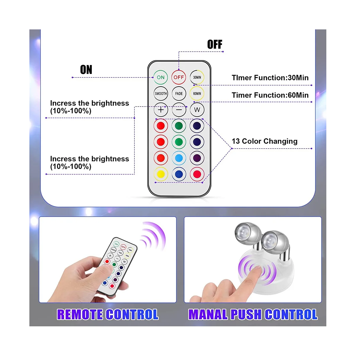 Lampu sorot LED nirkabel kepala ganda dalam ruangan lampu LED RGB dengan Remote A 6 buah 13 warna