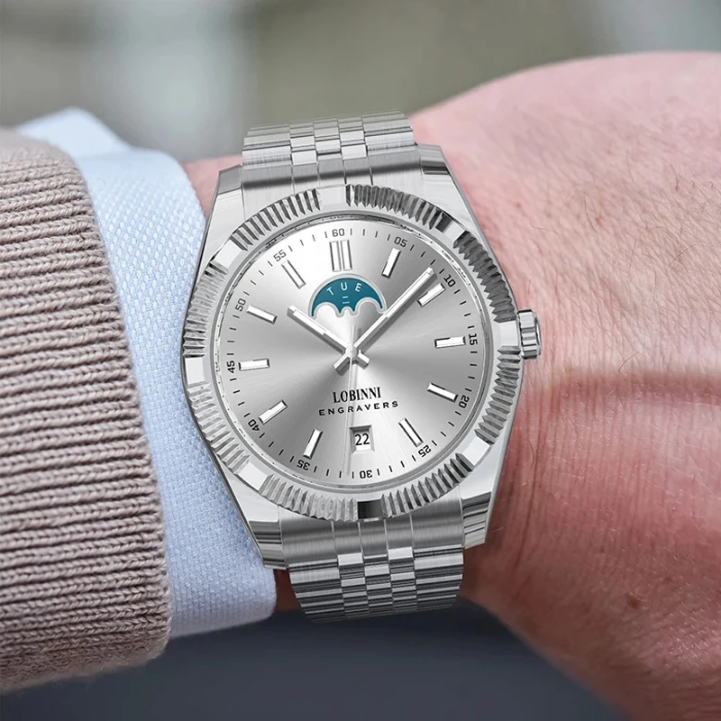 LOBINNI деловые мужские автоматические механические часы MIYOTA 8205, механизм, светящееся сапфировое стекло, водонепроницаемые часы, часы-календарь