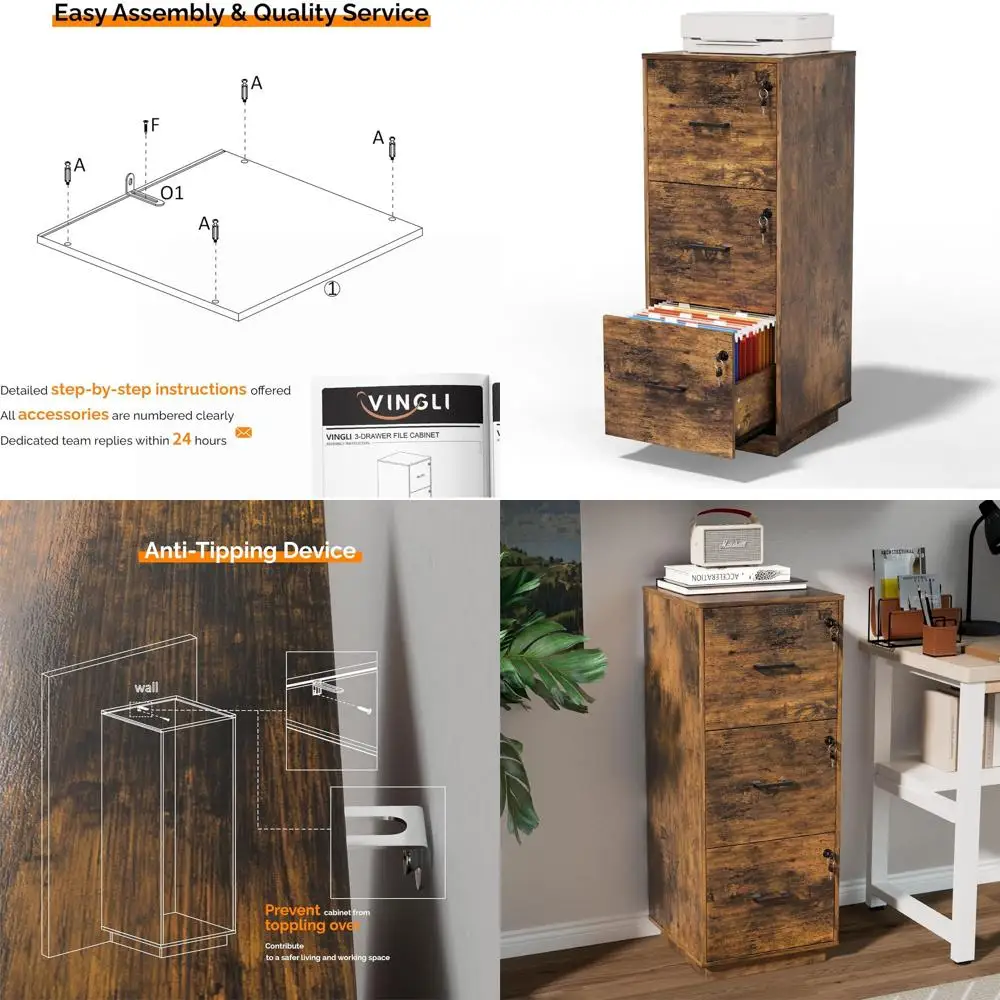 

Letter Size Vertical Wood File Cabinet with Lock, Home Office Organizer, Printer Stand, Rustic Brown