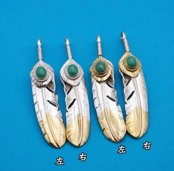 S925 sterling silver ornament retro punk personalized trendy turquoise feather for men and women pendant sweater chain pendant