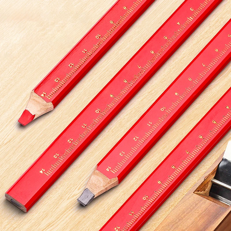 12PCS Elliptical Woodworking Pencils With Scale Flat Mark Pencils Black/Red Thick Core Hand Tool DIY Accessories