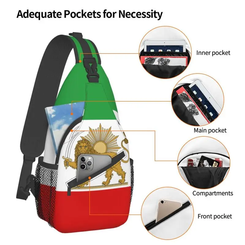 Custom Emblem Of Iran Lion And Sun Flag Sling Bag Men Fashion Shoulder Crossbody Chest Backpack Traveling Daypack