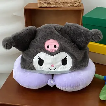 Kreslený kuromi polštář na krk s kapucí ve tvaru písmene U, cestovní zatemňovací polštář na zdřímnutí v japonském stylu, kancelářský polštář s kloboukem pro dívku 10 nejlepší prodej cestovní polštář s mikinou - №5