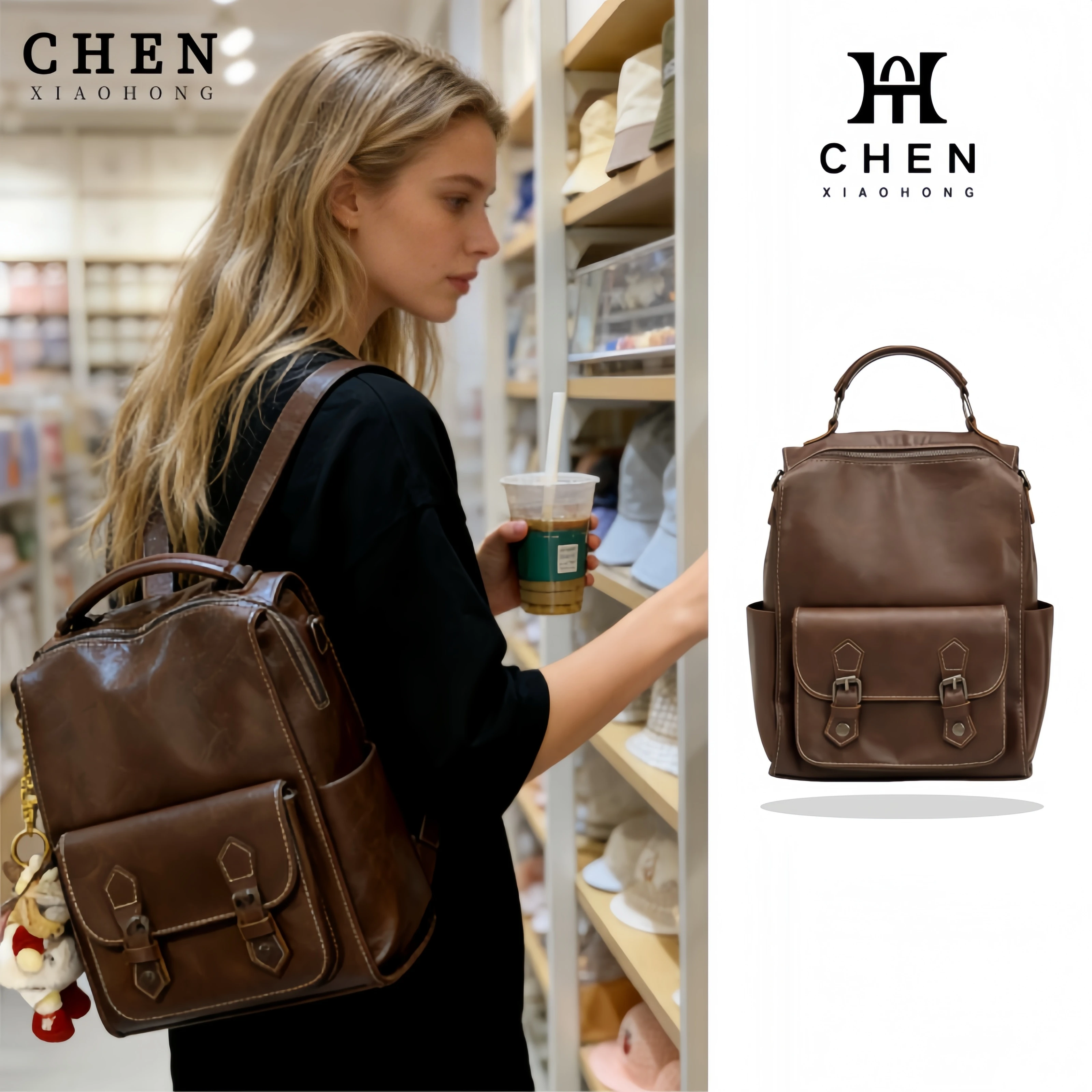 

Ретро-рюкзак из искусственной кожи темно-коричневого цвета с эффектом потертости, весна 2026, женский, с металлической пряжкой, с множеством карманов, с верхней ручкой, для повседневных поездок и путешествий