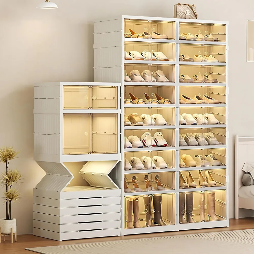 

9-Tier Foldable Shoe Rack with Wheels, 36-40 Pairs Collapsible with Lids and Magnetic Clear Door, Shoe Cabinet