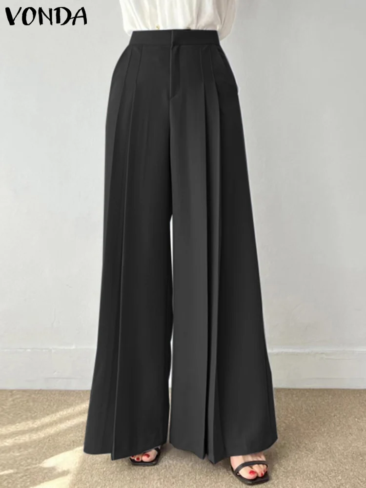 VONDA Elegant Office Suit Pants Women 2023 Fashion Solid Color Wide Leg Pants High Waist Pockets Casual Pleated Long Trousers