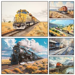 Vintage Snow Mountain Steam Train Landscape Poster Prints Canvas Painting Wall Art Spring Autumn Railroad Picture for Home Decor