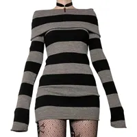 Women Striped Mini Bodycon Dress Stripe Boat-Neck Off Shoulder Long Sleeve Short Dress Spring Autumn Wrapped Hip Party Dress - Image 3