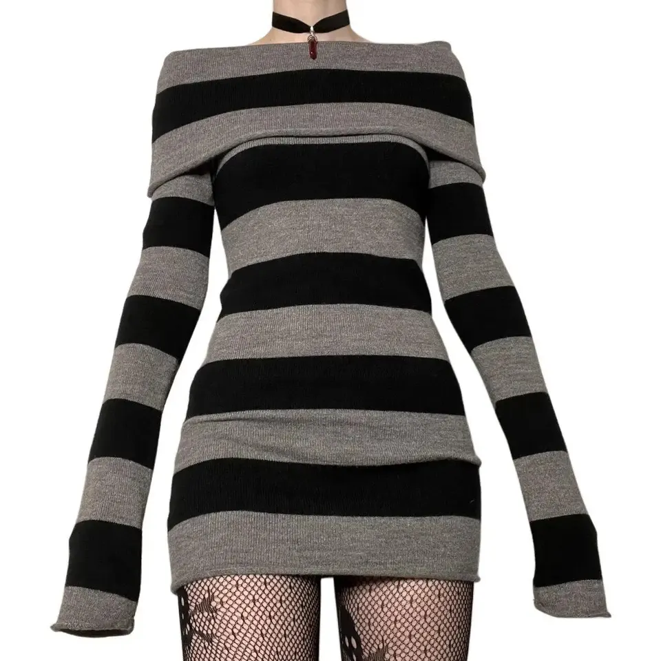 Vestido mini de mujer a rayas, tipo bodycon, cuello barco, manga larga, para primavera y otoño, con abertura, para fiesta 3