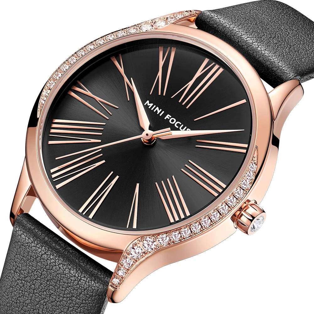 MINI FOCUS MF0259L Elegant Women Watch Diamonds Case Genuine Leather Strap Waterproof Ladies Quartz Watches