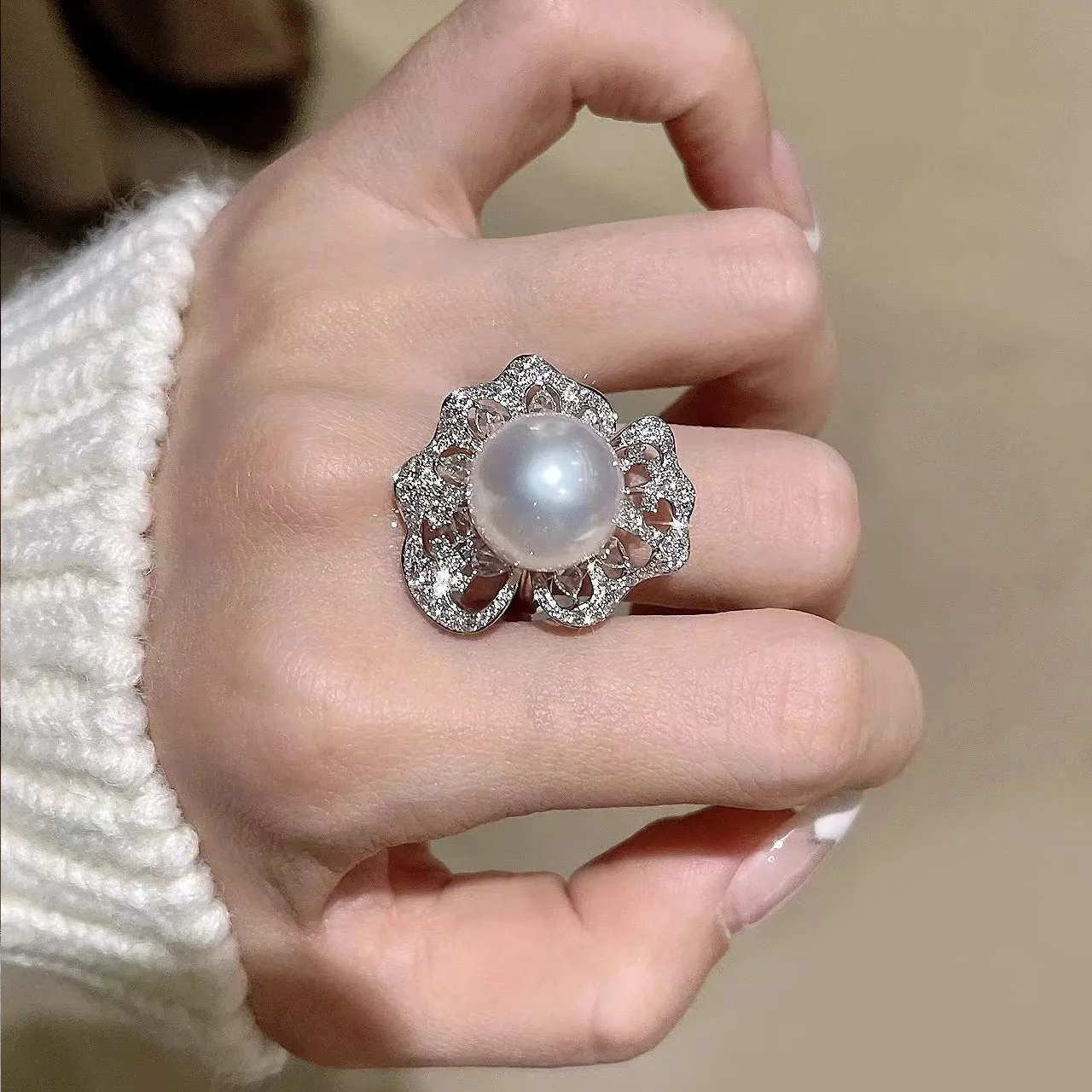 

Charm Flower Pearl Diamond Ring 100% Real 925 Sterling Silver Party Wedding Band Rings for Women Bridal Engagement Jewelry