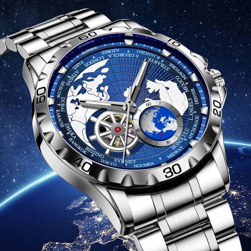 2025 New GLENAW Earth Series Mechanical Watch Men Rotating Earth Dial Night Light Waterproof Top Luxury Design Mechanical Watch