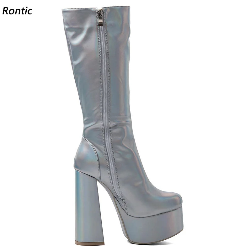 Rontic Holographic Silver Knee High Boots Women Platform Chunky Block Heel Round Toe Side Zipper Fashion Nightclub Size 5-20