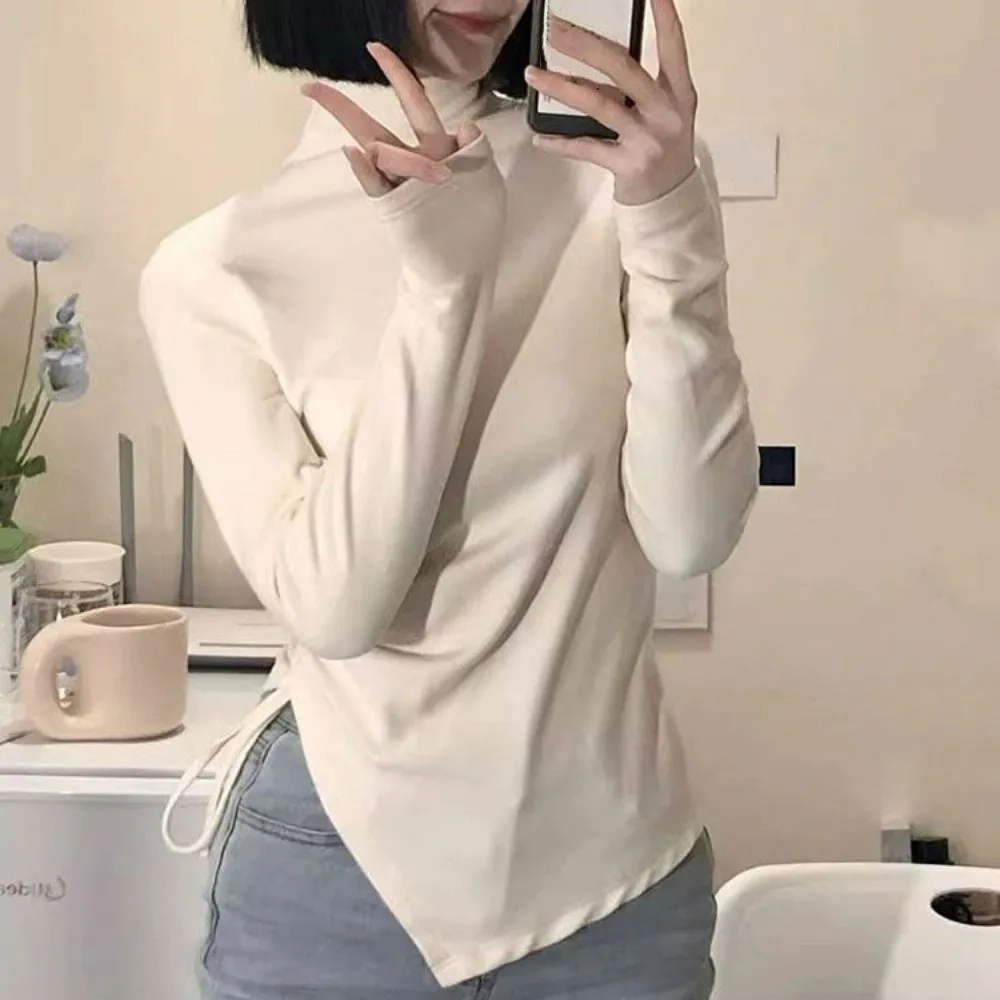 نصف الياقة العالية كم طويل تي شيرت غير النظامية قميص سليم الرباط البلوز قاع قميص بسيط المحاصيل الأعلى المرأة Y2k