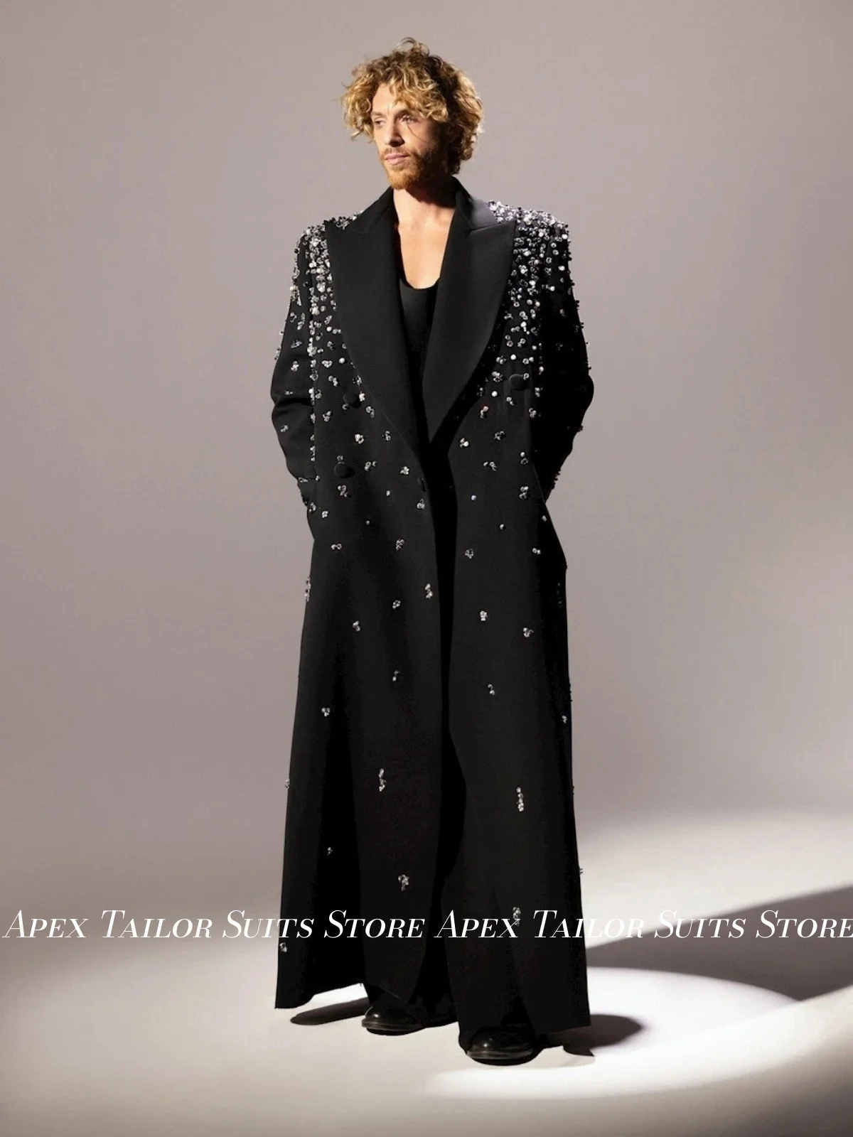 Men Long Coat Luxury Rhinestone Beaded Jacket Double Breasted Peak Lapel Black Long Coat Formal Party Stage Show Outerwear