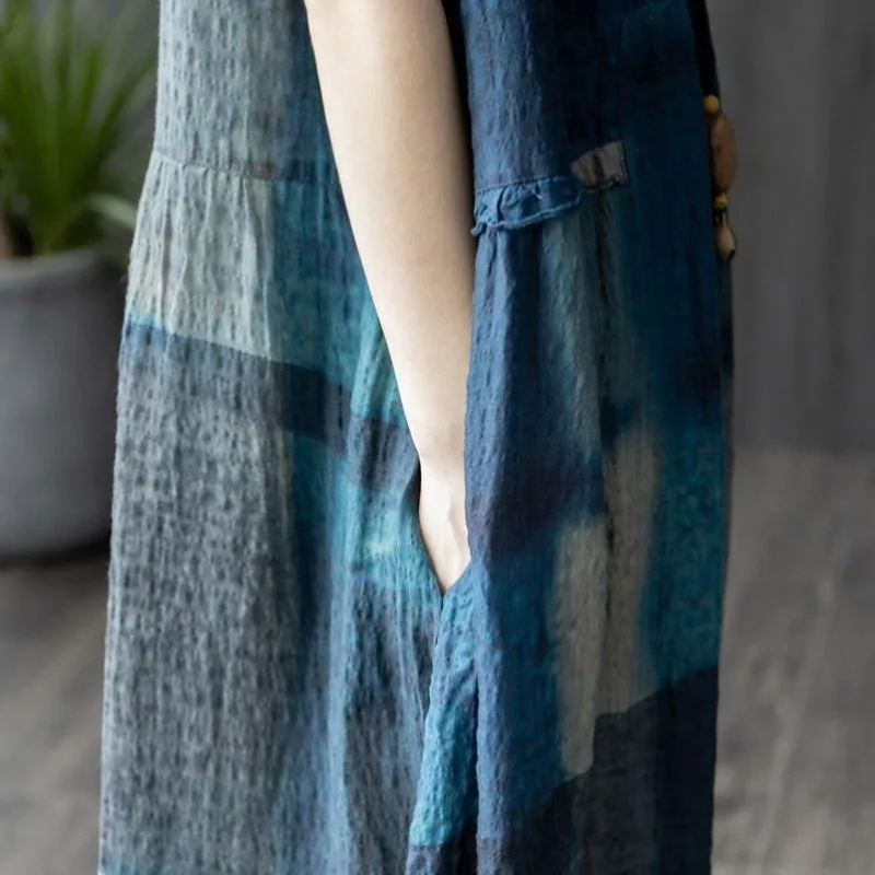 2025 Summer Cotton Linen Women's Long Dress Loose V-Neck Spliced Plaid Dress Pockets Short Sleeve Retro Long Skirt