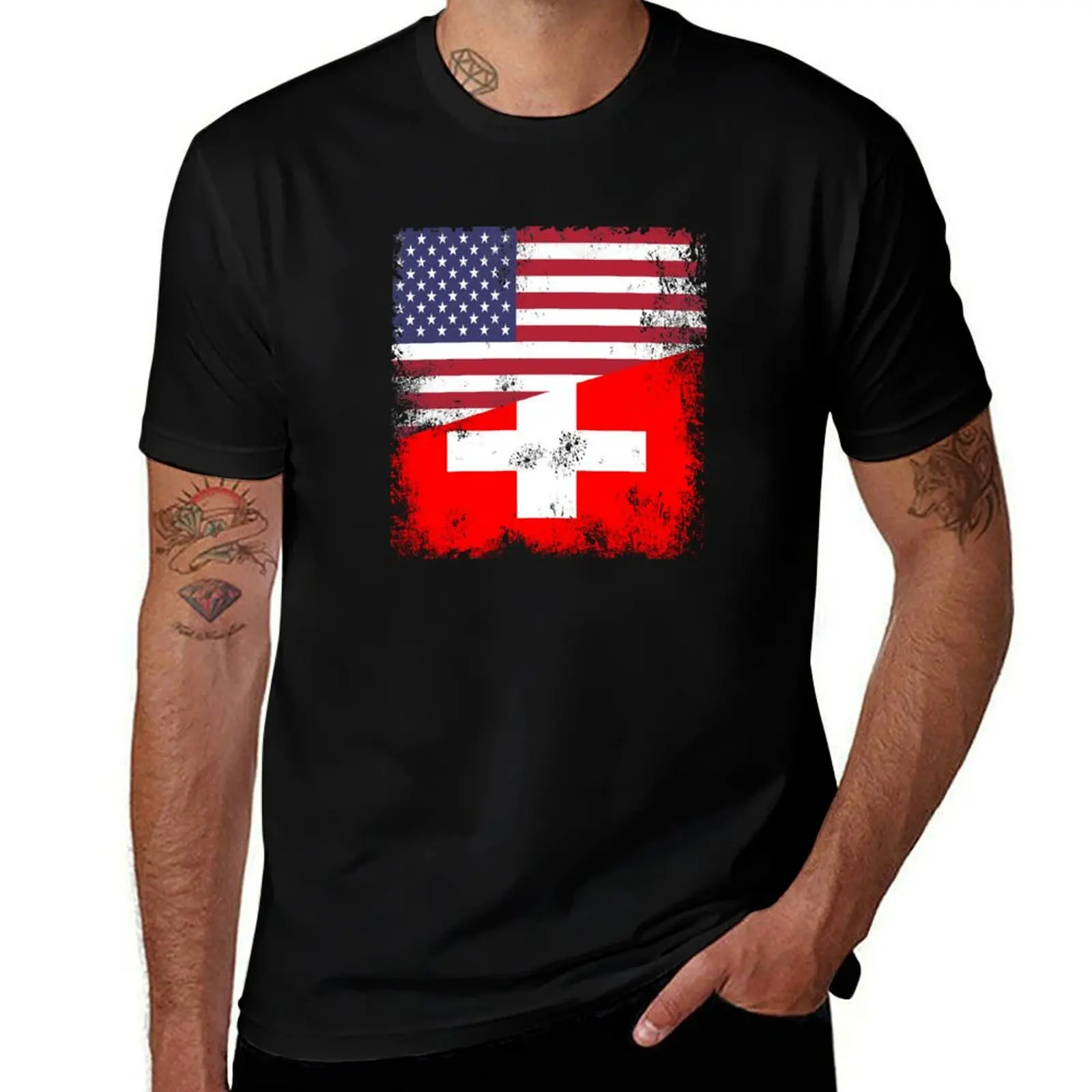 Half Swiss Flag Design | Vintage Switzerland USA Gift T-Shirt Long Lasting Casual T-Shirt