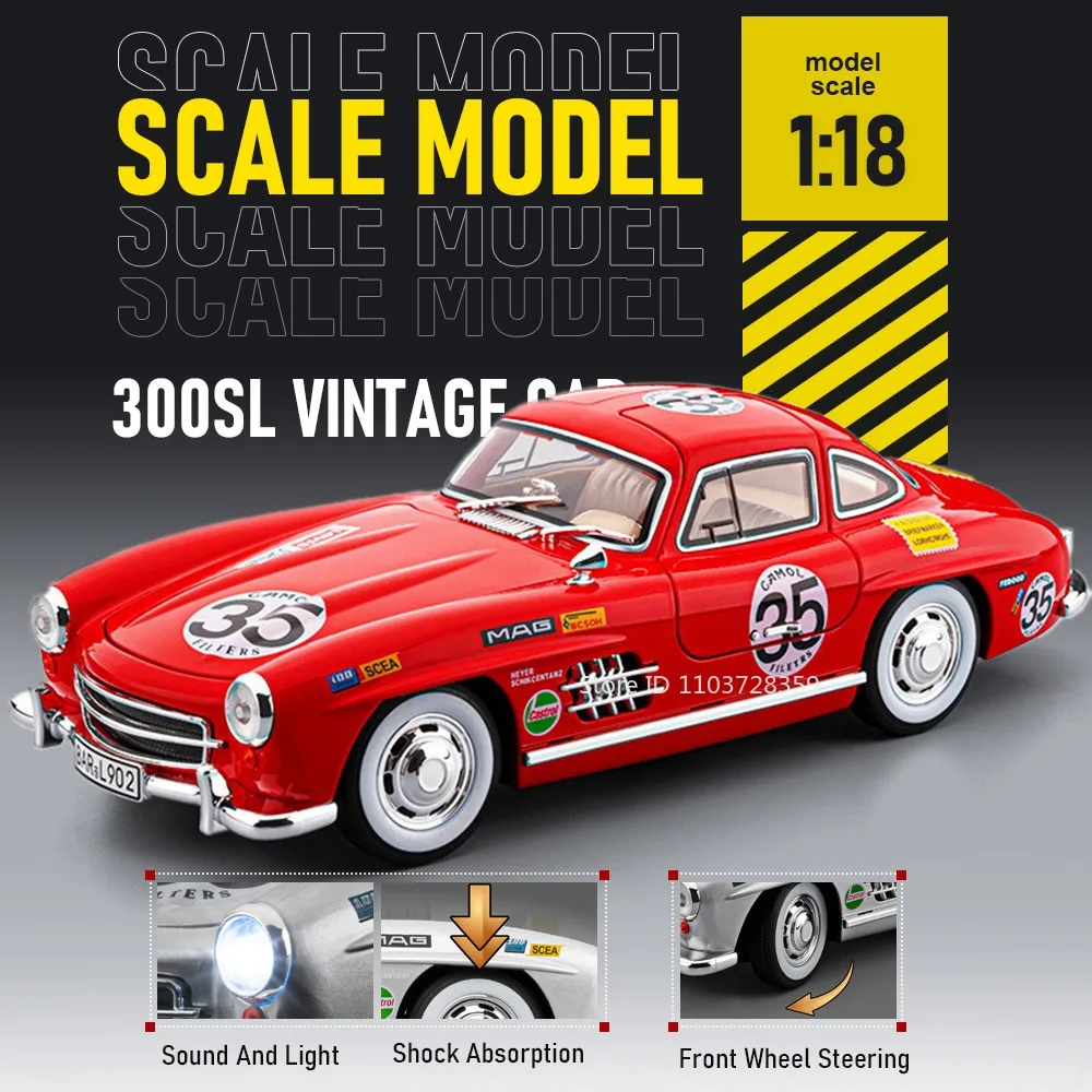 

1:18 Scale 300SL Model Toy Vintage Cars Alloy Diecast Sound Light Shock Absorption Doors Opened Pull Back Decoration Vehicles