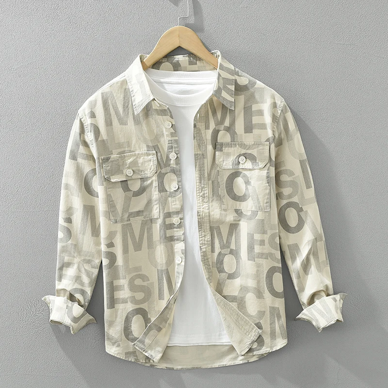 

Новые модные мужские рубашки с длинным рукавом из 100% хлопка с принтом, винтажный отложной воротник, мягкие, весна-лето