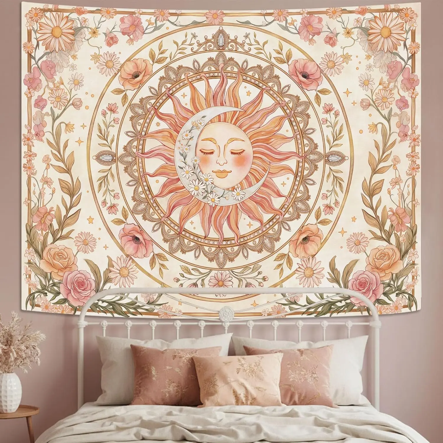 Wall Tapestry Large Wall Hanging Sun Moon Daisy Floral Tapestry, Pink Boho Aesthetic Rose Wall Art, Hippie Jewel