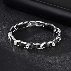 Men's Black Leather Chain Bracelets, Waterproof Stainless Steel Cuban Links Chain Wristband Gift Jewelry,pulseira masculina